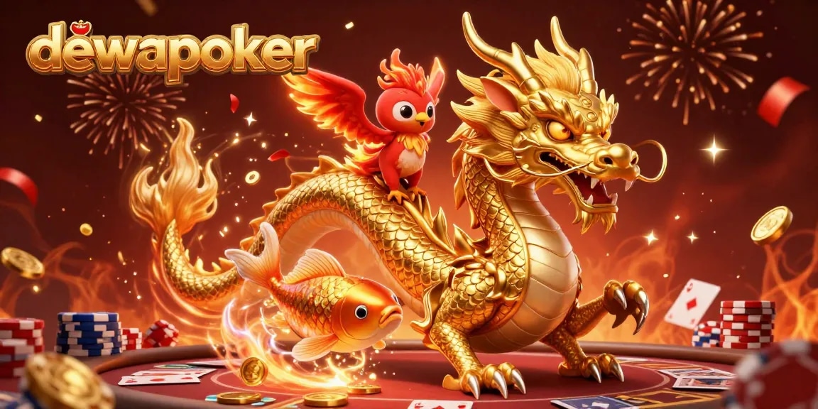 Win big with dewapoker, featuring a dynamic scene with a dragon, phoenix, and koi amidst poker elements.