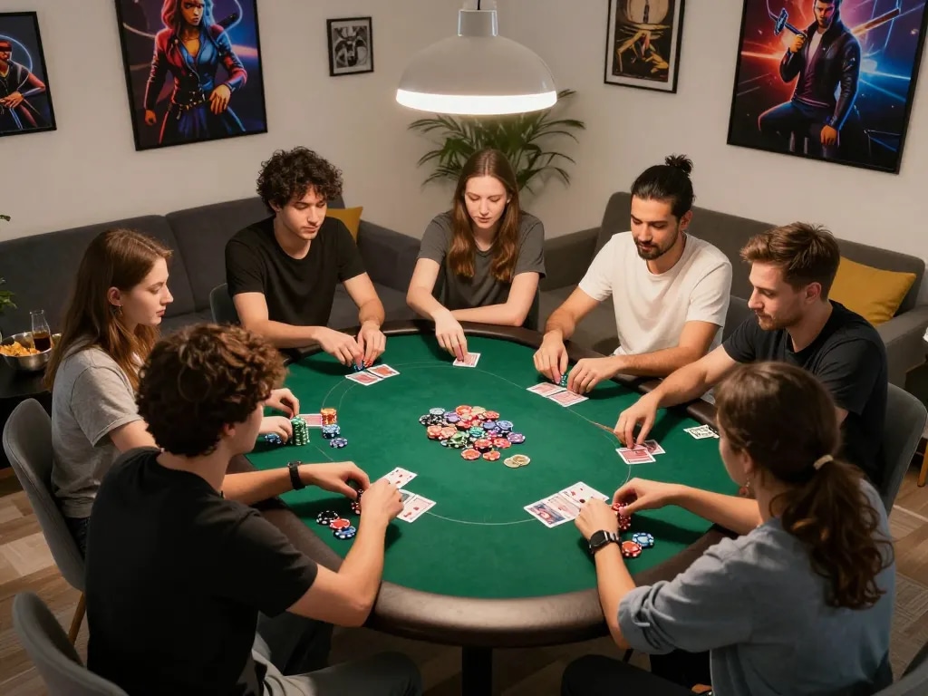 Friends enjoying poker in a cozy home, showcasing casinos not on gamstop atmosphere