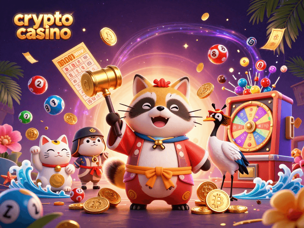 Engage with this vibrant crypto casino scene, featuring fun characters and dynamic gaming elements.