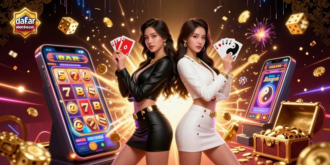 Play daftar slot bet kecil with stunning Asian twin women, vibrant casino elements, and glowing golden effects.