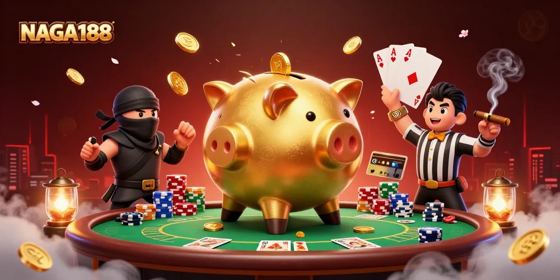 NAGA188 mengubah kemenangan dengan piggy bank sumo dan pemandangan kasino penuh warna.