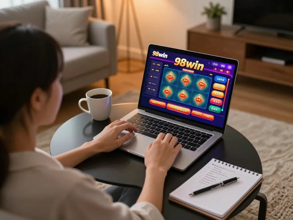 Player enjoying online casino games at 98win from home, showcasing an engaging gaming atmosphere.