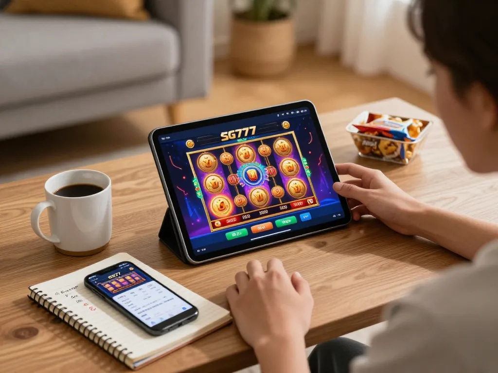 Engaging with SG777 online casino on a tablet in a cozy home environment with vibrant game display.