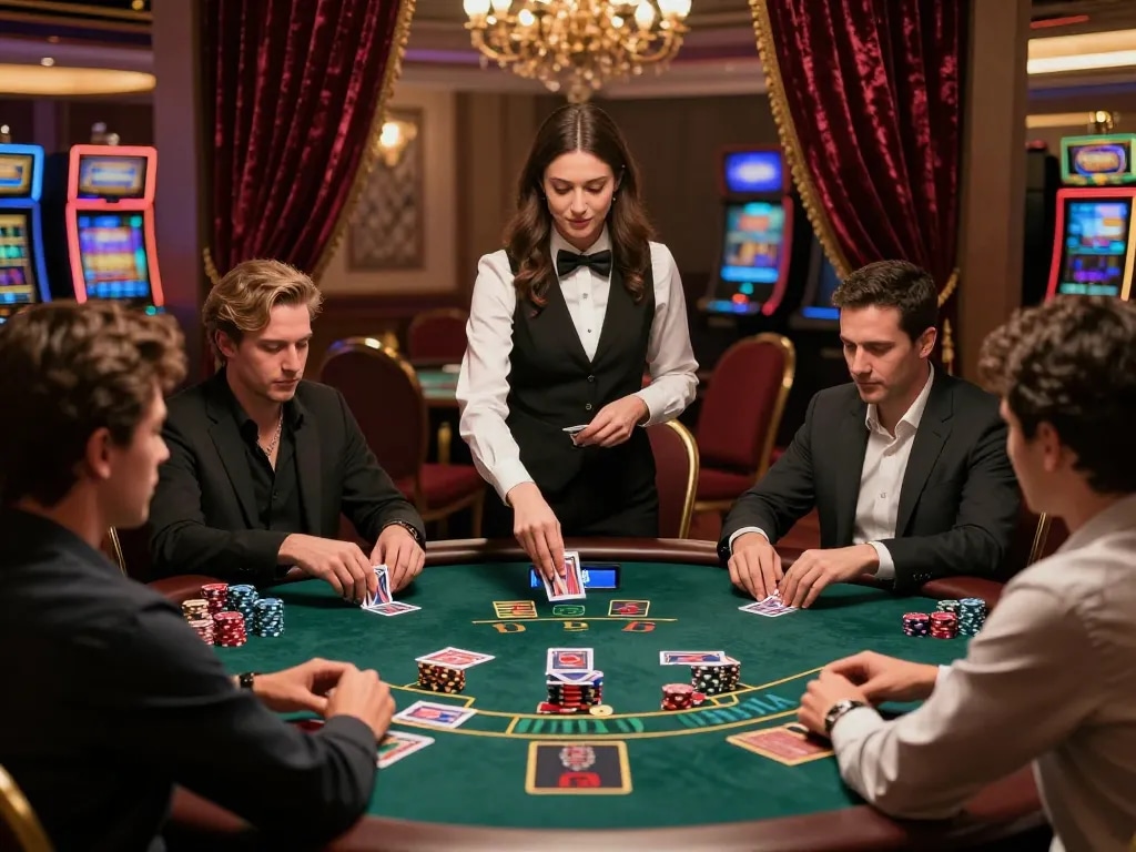 Exciting moment at n188 casino with players strategizing at a blackjack table, displaying lively gameplay.