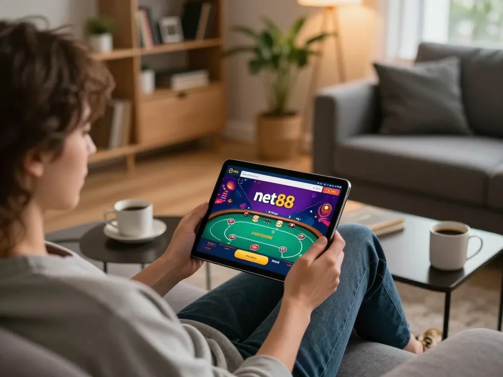 Player enjoying net88 poker on tablet in a cozy living room setting