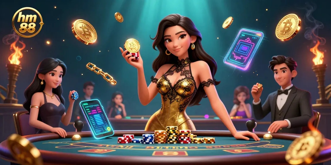 Players celebrate a win at hm 88's exclusive VIP baccarat table amid glowing crypto elements.