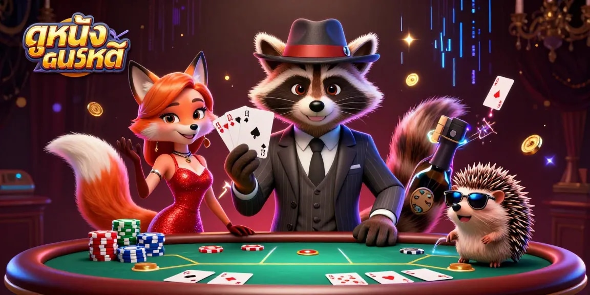 Experience exciting ดูหนังออนไลน์ with a gambling-themed scene featuring lively characters and poker elements.