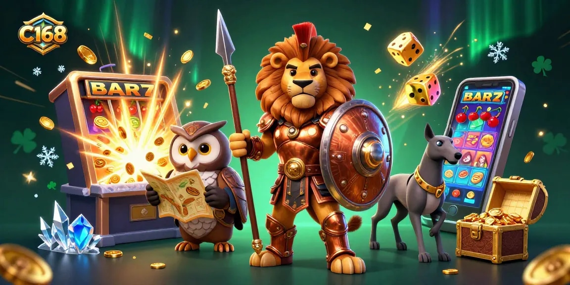 Engage with C168, where a Spartan lion leads a thrilling casino adventure with slot machines and winning symbols!