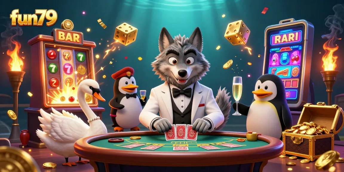 Experience big wins with fun79: 3D casino scene featuring unique characters and elements.