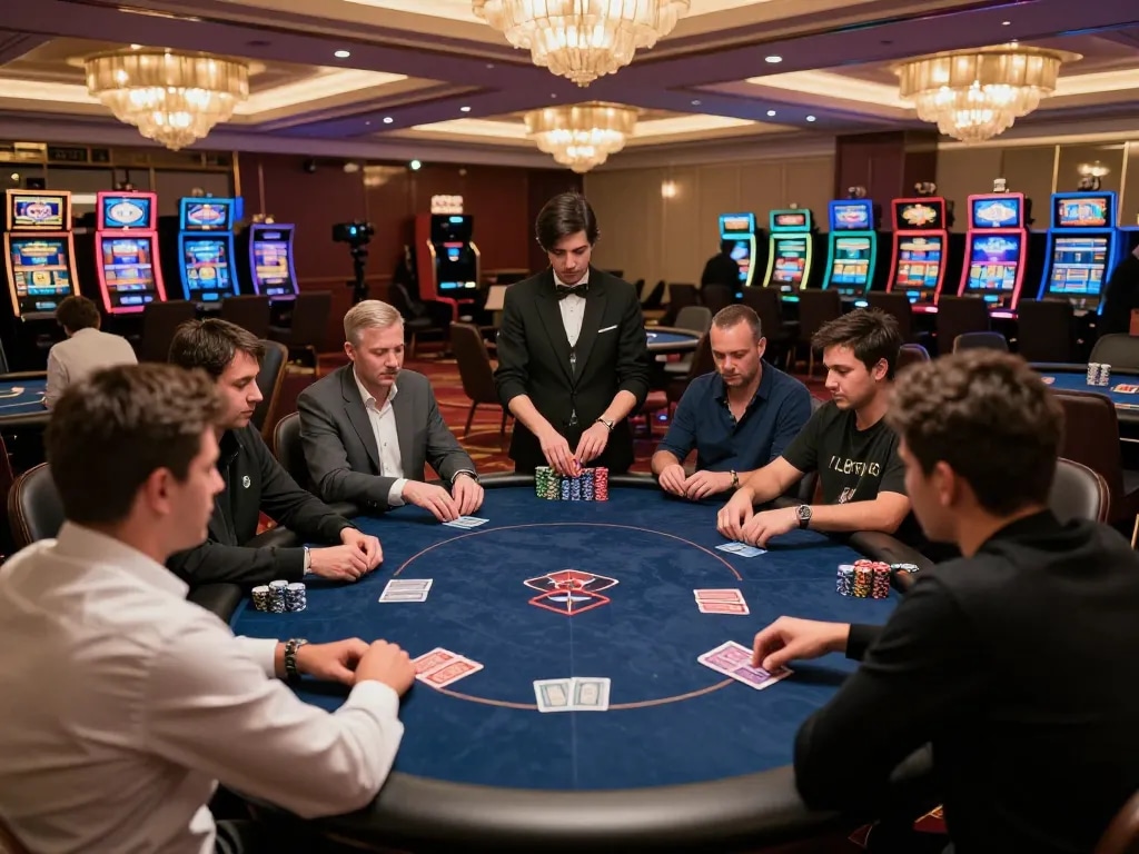 du88 poker tournament in an upscale casino featuring players focused on strategy and dealer managing bets