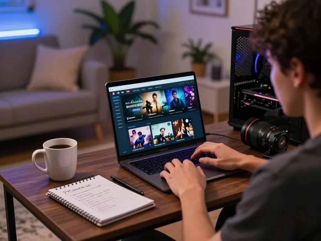 Engaging gaming scene with ดูหนังใหม่ streaming on laptop, cozy living room setting, enhancing entertainment enjoyment.