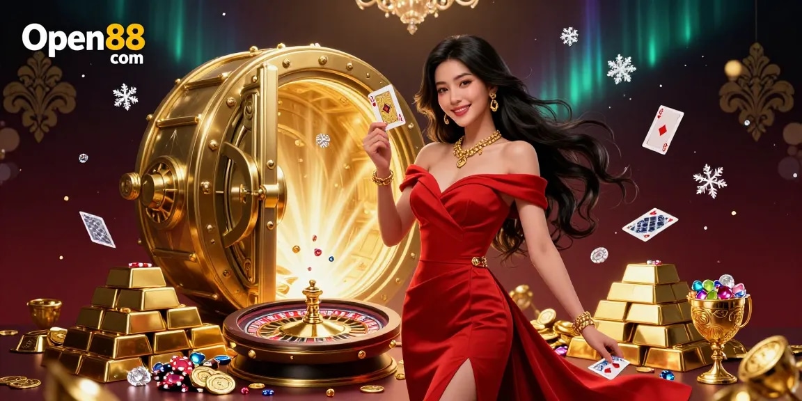 Experience the excitement of Open88 com with stunning visuals of roulette and poker amidst a treasure-filled scene.