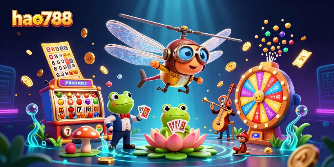 HAO788 menampilkan permainan slot seru dengan croupier katak bagian bawah casino di ilustrasi yang dinamis.