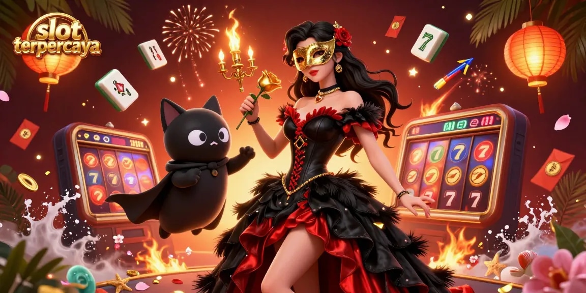 Experience thrilling slot gameplay with the vibrant scene showcasing slot terpercaya symbols, spinning reels, and festive atmosphere.