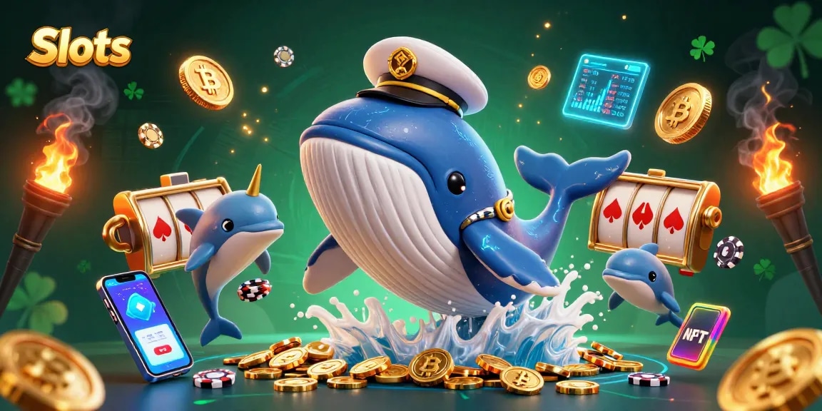 Spin the Slots with vibrant whales and dolphins amidst coins and crypto elements.