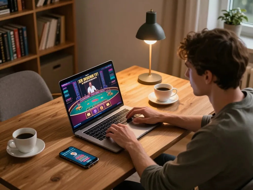 Player engaging in online gaming at home, focusing on link fly88 casino strategies.