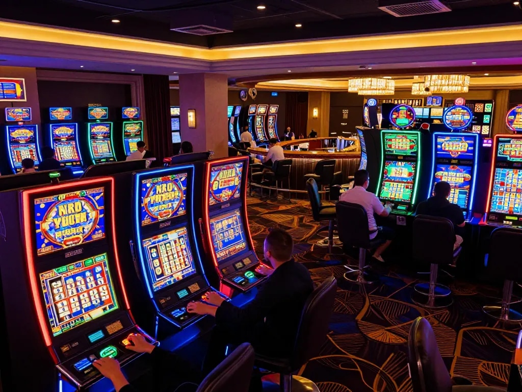 Players engaging in thrilling slot machine games at the casino, revealing excitement for toto hk.