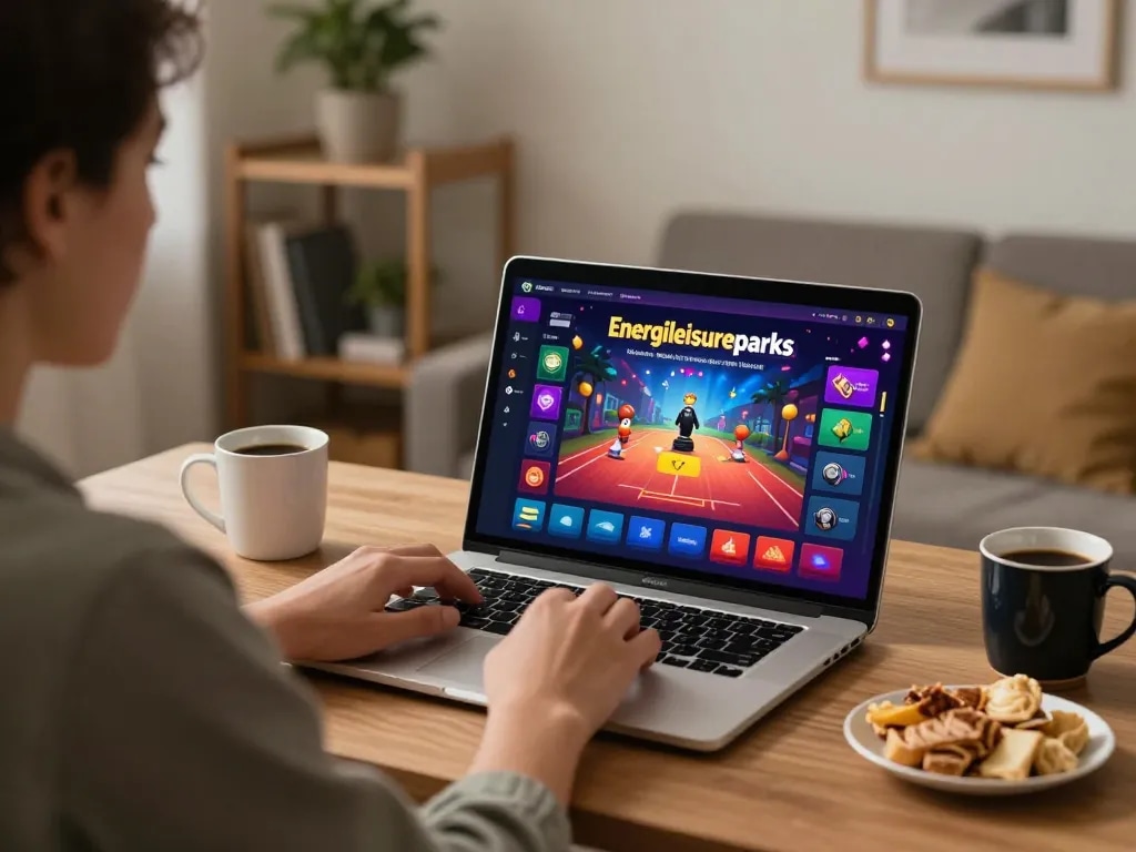 Player enjoying online gaming at energileisureparks, showcasing vibrant game interface and home entertainment setup.