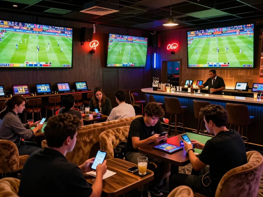 Excited patrons engaging on a trang cá cược bóng đá platform, betting on live matches in a vibrant sports lounge
