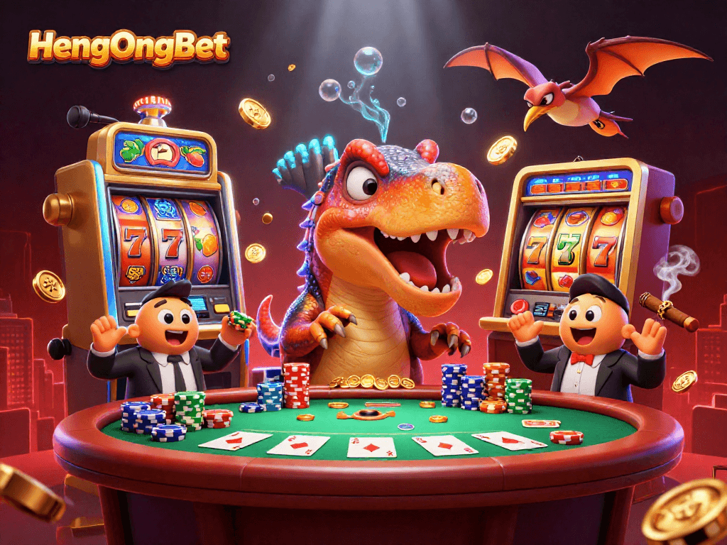 Experience the excitement with HengOngBet—a pachycephalosaurus winning a jackpot amidst a dynamic casino scene.