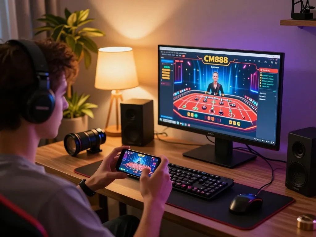 Engaged player utilizing CM888 online casino app on mobile device in cozy home setting, emphasizing responsible gaming.