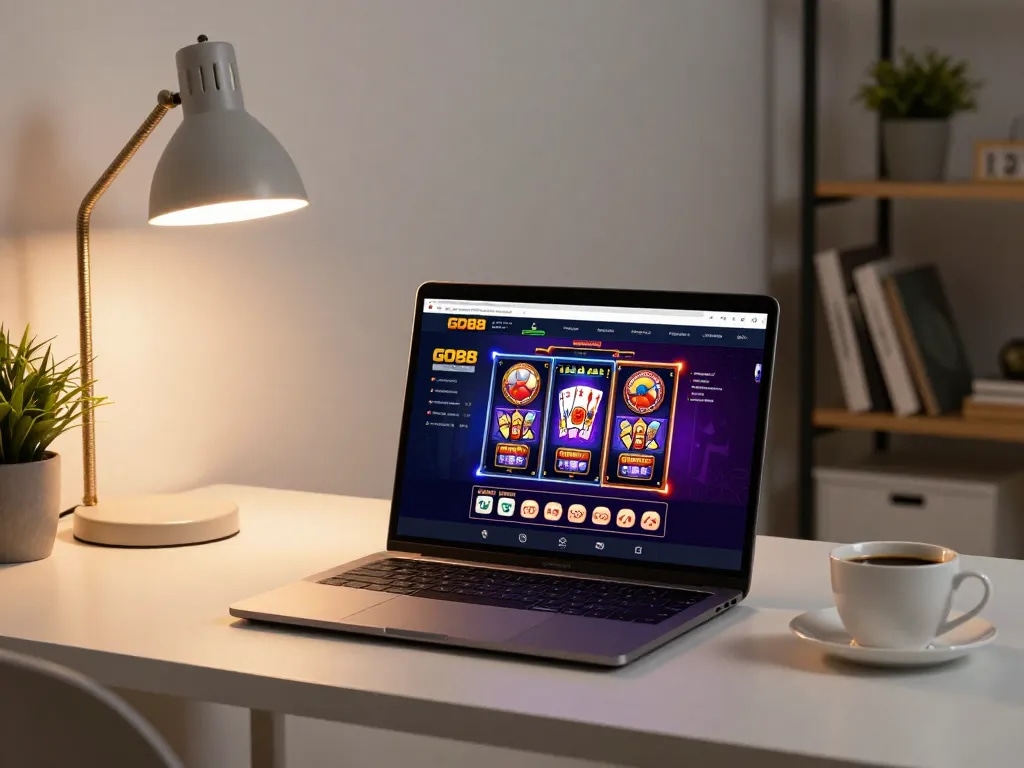 Player engaging with GO88 casino games on a stylish laptop in a cozy home office environment.