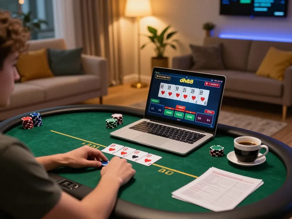 Player engaging in poker online with dh88 app, showcasing a vibrant gaming atmosphere.