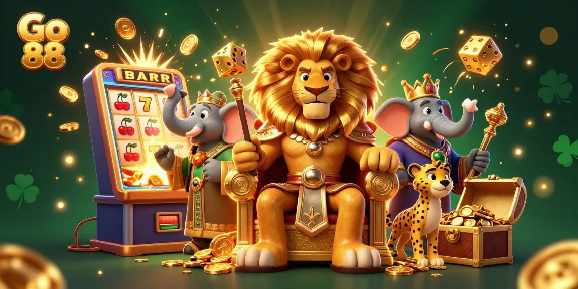 Experience the thrill of Go 88 with a vibrant 3D casino scene featuring a lion king, elephant advisor, and cheetah messenger surrounded by jackpots and gaming elements.