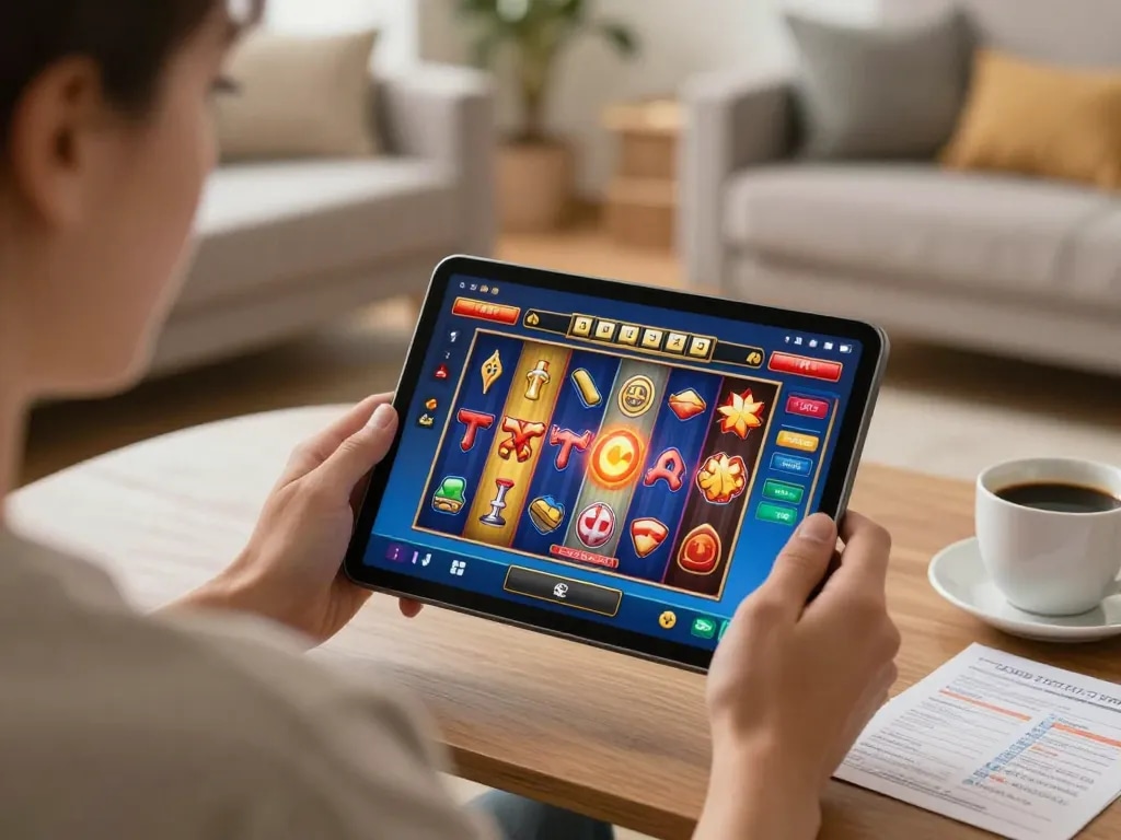 Player engages with captivating slot game on tablet in cozy home environment