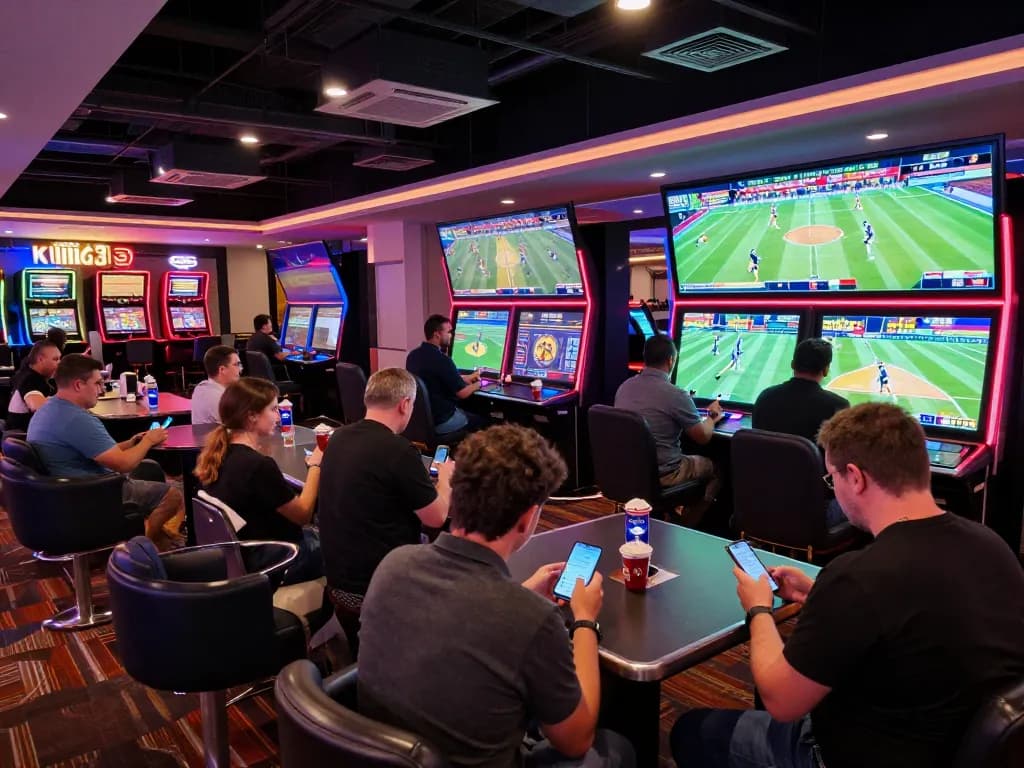 Sports fans placing bets at King33 with live event screens in a vibrant casino