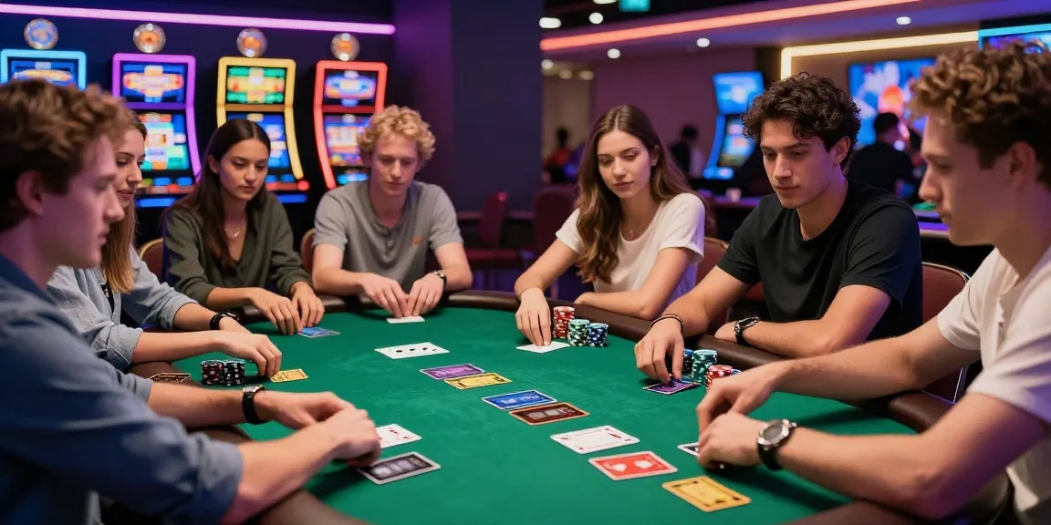 Players enjoying a lively game at a credit card casino with vibrant lights and excitement.