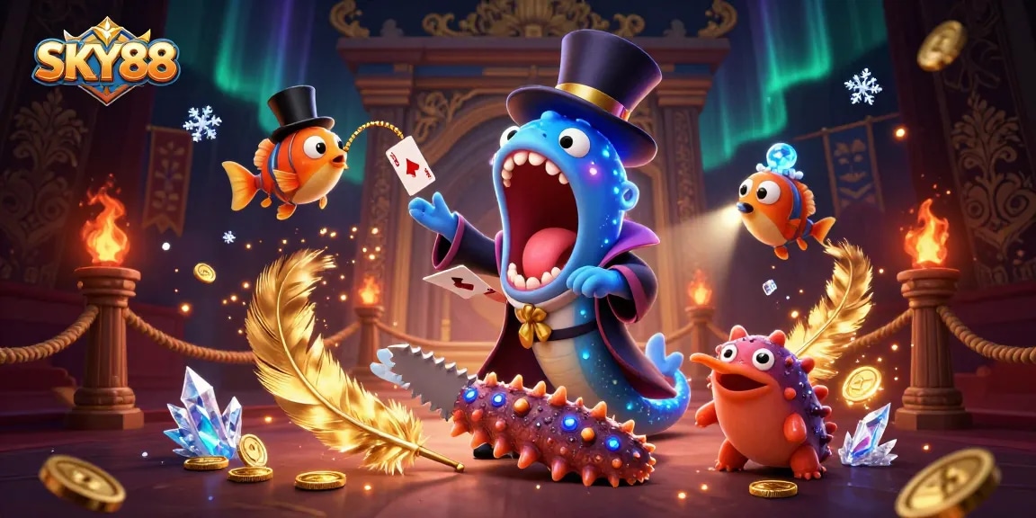 Engage with exciting SKY88 gameplay as a whimsical bioluminescent eel showcases magic tricks in a vibrant casino scene.