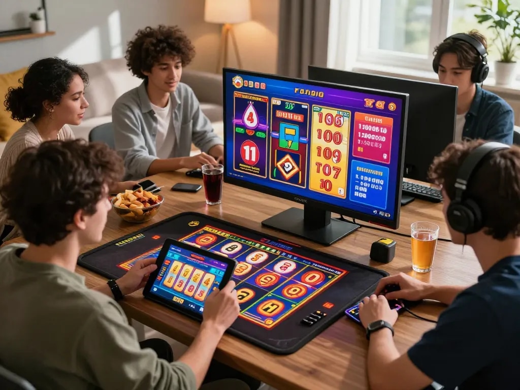 Players enjoying toto togel and online slots in a modern gaming setup, surrounded by snacks and drinks.