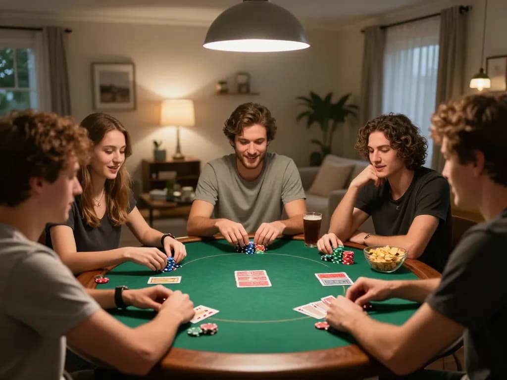 Sahabat yang terlibat dalam permainan poker di rumah mencerminkan malam strategi yang menyenangkan dengan semangat kompetitif yang cukup.