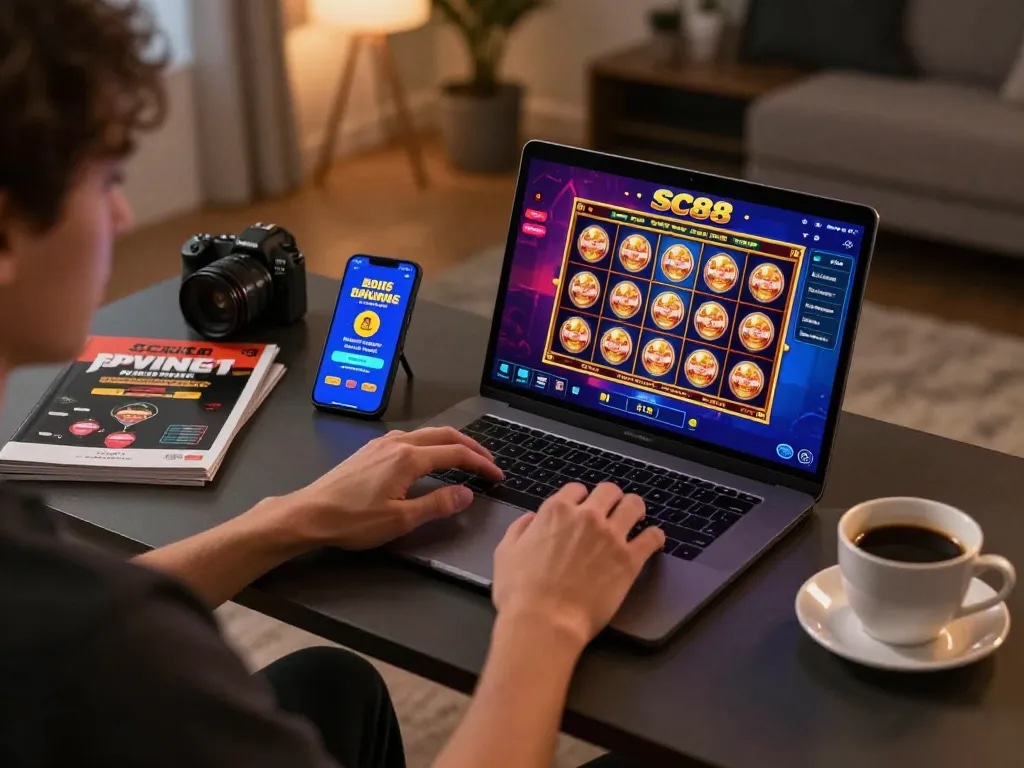 Excited player exploring SC88 online slot games on a laptop with vibrant graphics and bonus alerts.