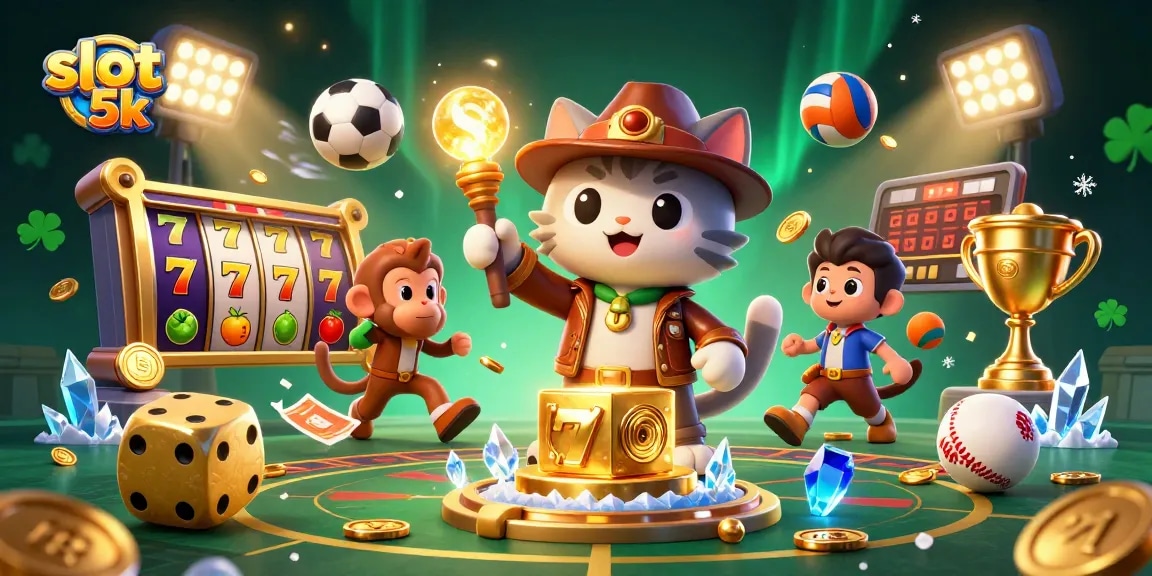 Catch thrilling wins in slot 5k adventures with cartoon characters exploring a golden casino artifact.