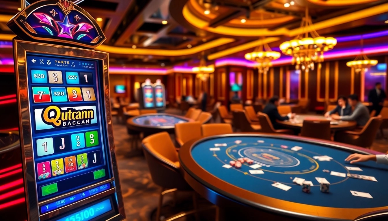Experience the excitement of QQMacan at a luxurious casino with vibrant slot machines and poker tables.