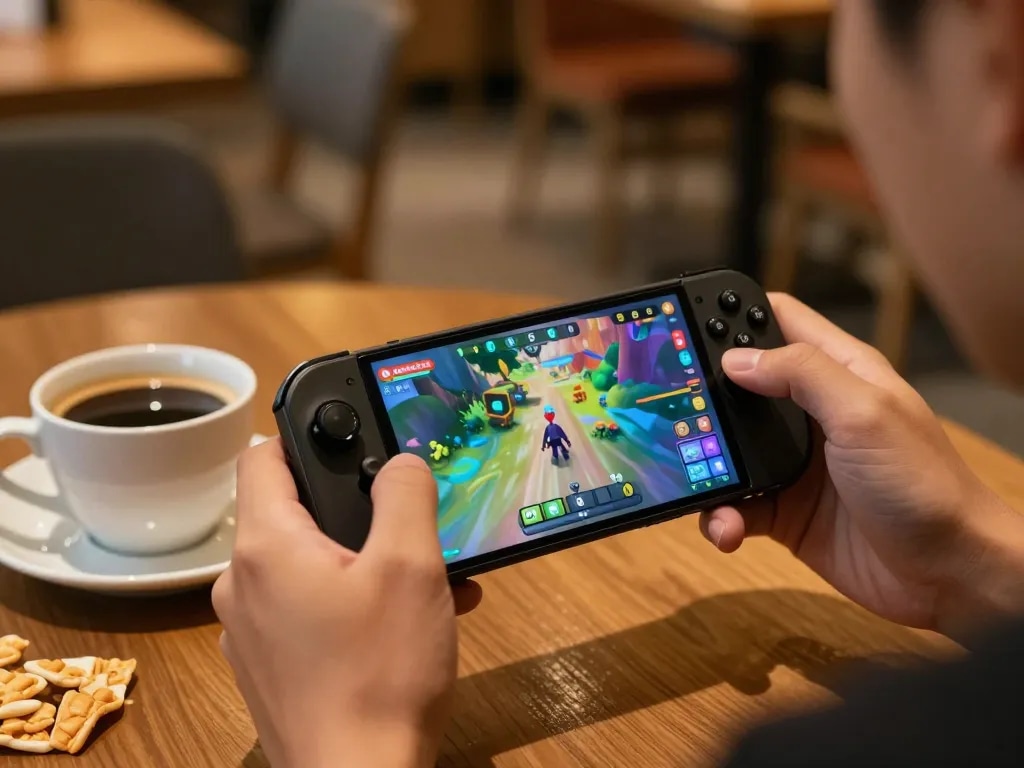 Engaging in the done55 game on a smartphone in a cozy cafe, highlighting mobile gaming.