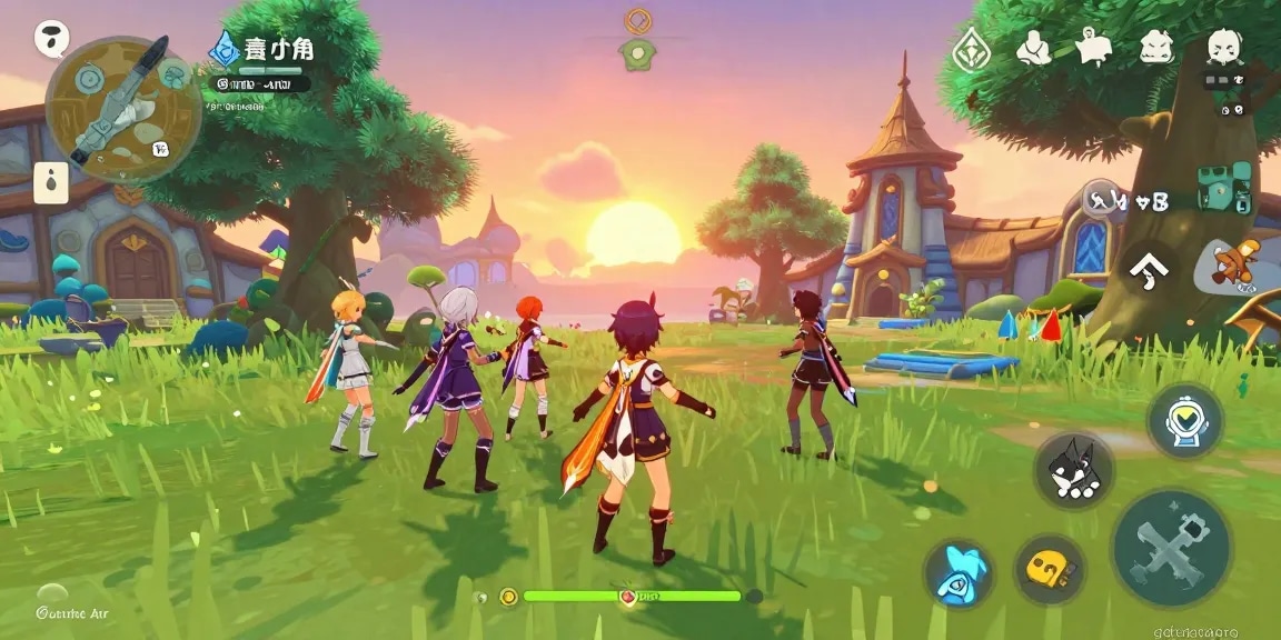 Exciting ecchi game scene with vibrant characters exploring a fantasy landscape, showcasing playful interactions.