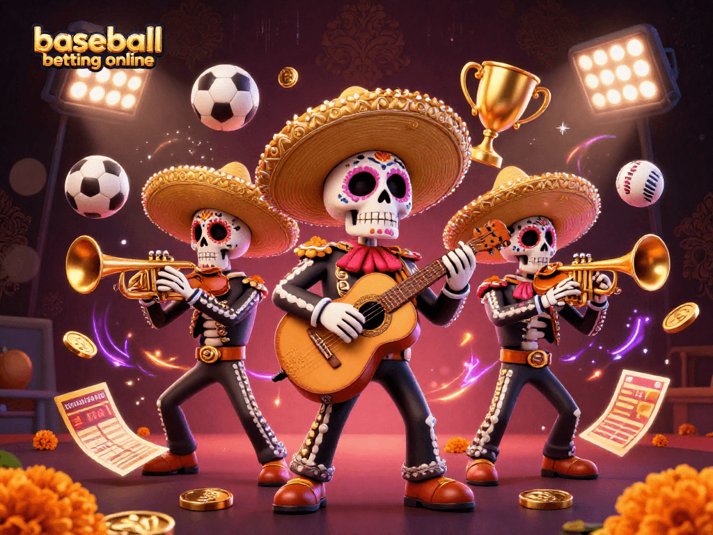 Engage with baseball betting online through a vibrant scene of a mariachi band and sports elements.