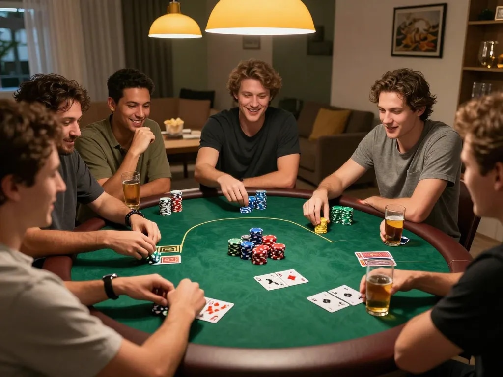 Engage in strategic gameplay as friends enjoy caricature Chatgpt fun at a home poker night.