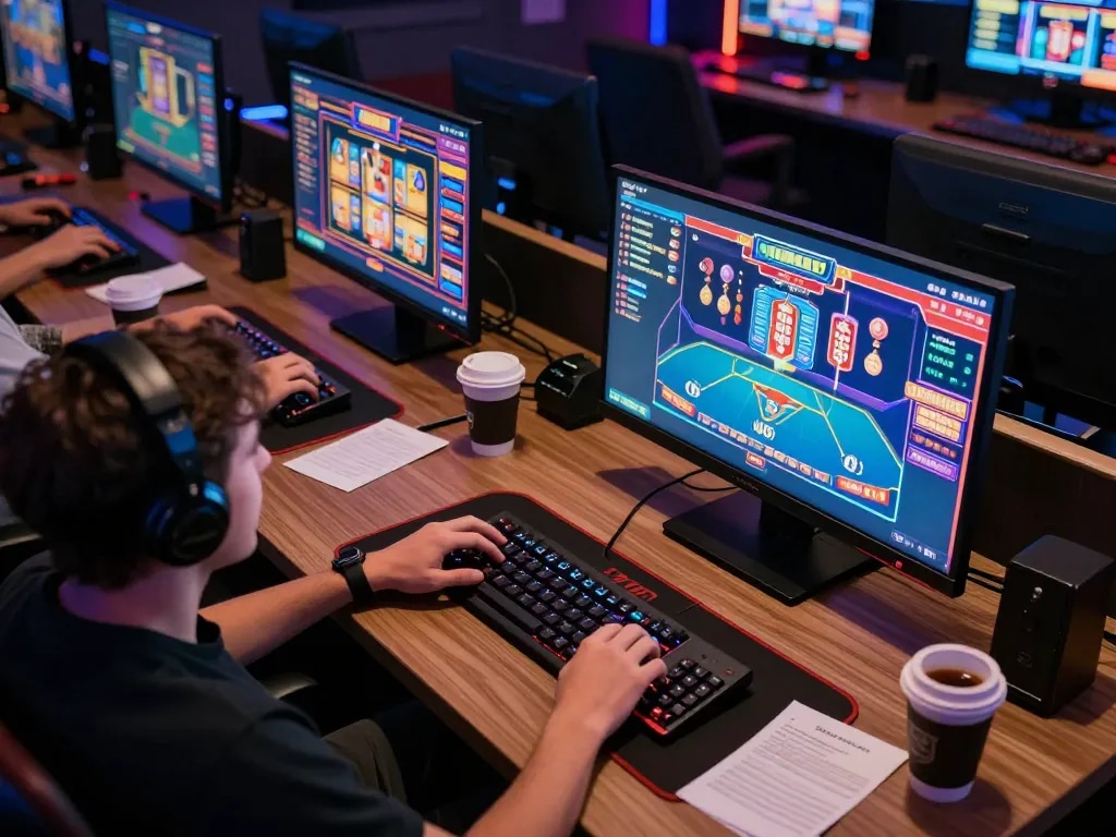 Engaging in online gaming with Nhà cái bl555 on multiple screens in a vibrant gaming setup.