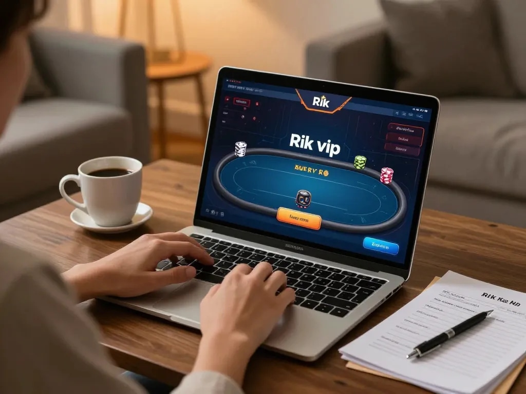 Engaging with Rik vip's exciting online poker game interface in a cozy home setting.
