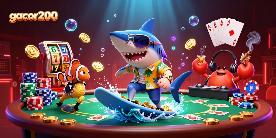 Join the fun at gacor200 with a shark in sunglasses surfing on gold coins!