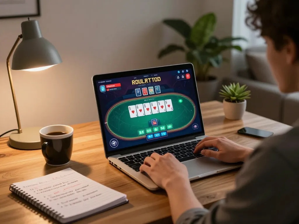 Pragmatic Play Login accessed on a laptop at home, with poker game displayed comfortably.