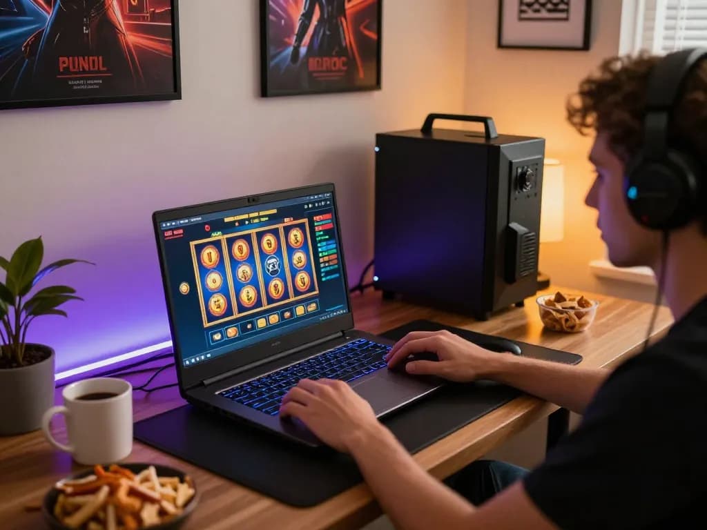 Engaging in situs slot gacor gameplay on a modern laptop with vibrant slot reels and snacks on the table.