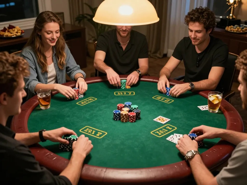 Friends enjoying poker night while playing Texas Hold'em, with colorful chips and drinks, highlighting excitement of tr88.