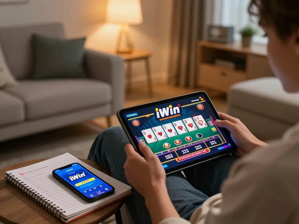 Engaging scene of a player enjoying iWin online games on a tablet in a cozy living room