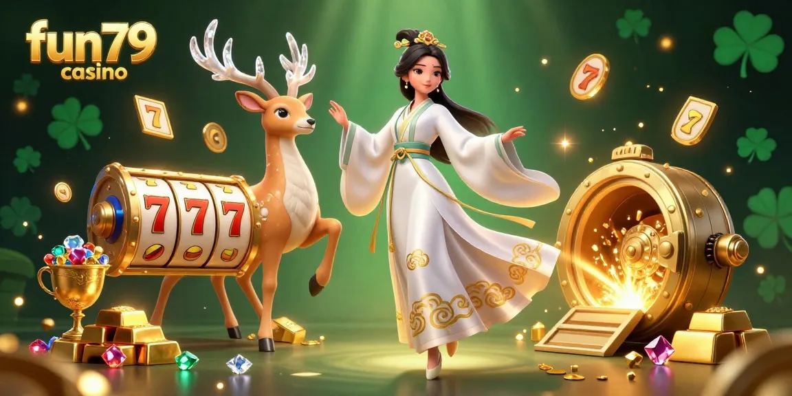 Experience fun79 casino with vibrant jackpot symbols and a beautiful Asian woman in hanfu.