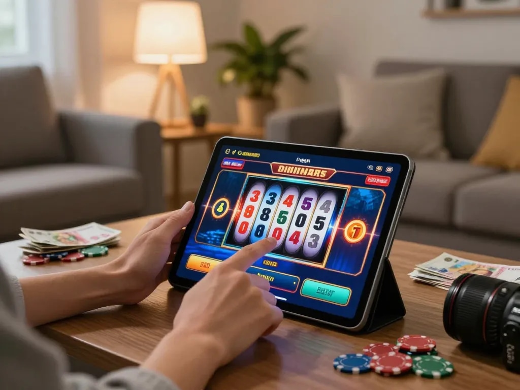 Player enjoying exciting online slot gameplay on 388bet app in a cozy home setting.
